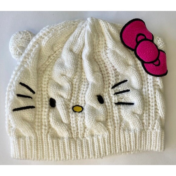 EUC Hello Kitty Hat Chunky Cable Knit Hat Sanrio White Girls Size OS - Picture 1 of 4